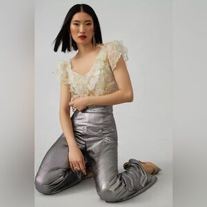 NWT Anthropologie Sheer Floral Appliqué Cropped Blouse size XS